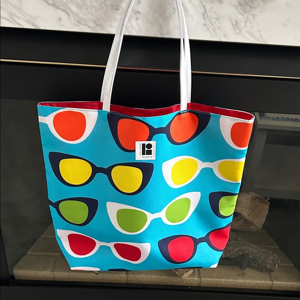 Lisa Perry Blue Multicolor Sunglasses Tote with sunglasses holder. Canvas. NEW.